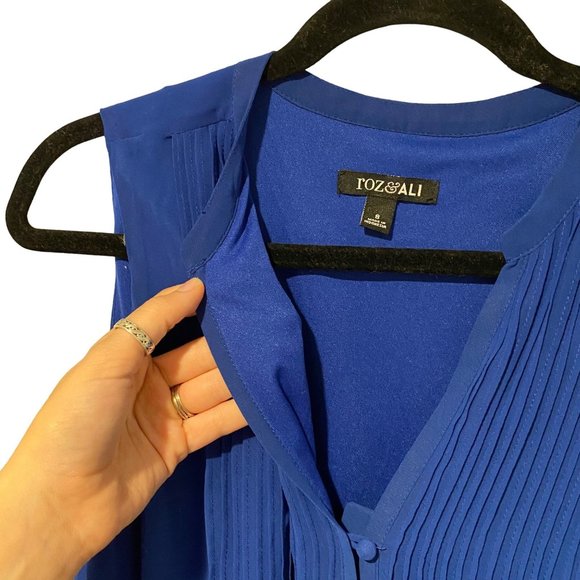 Roz and Ali size 8 blue sleeveless Vneck dress with buttons and sheer overlay - Picture 4 of 9